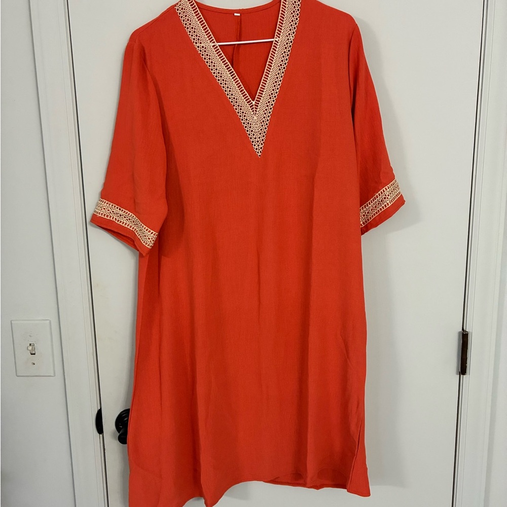 Crochet Trim V-Neck Orange Tunic Dress